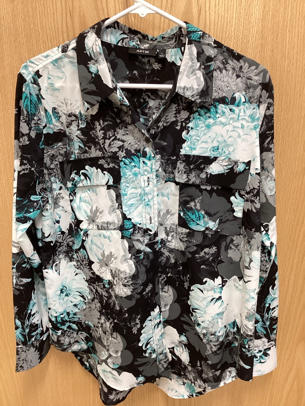Apt. 9 Black Floral Button-Down Shirt with Teal Accents